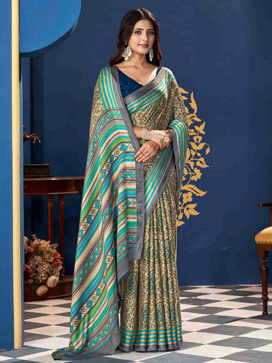 Sea Green Dabu Pashmina Silk Saree