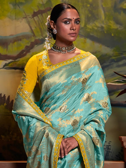 Teal Blue Woven Banarasi Silk Saree