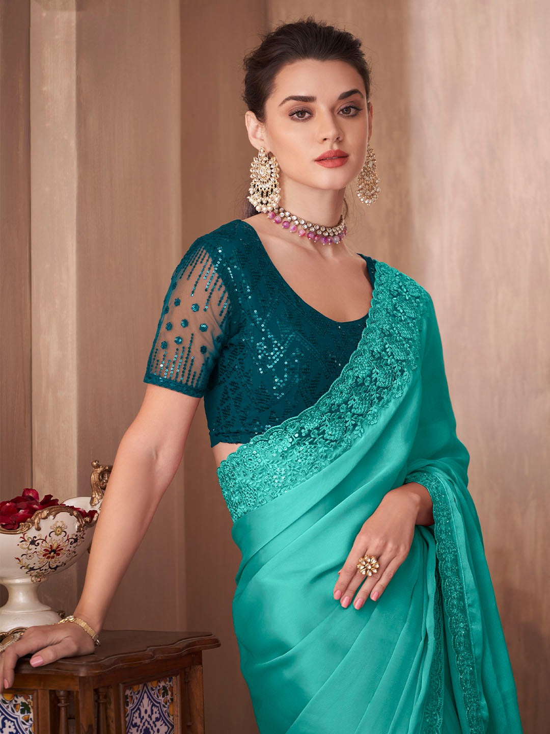 Turquoise Green Sequins Silk Saree