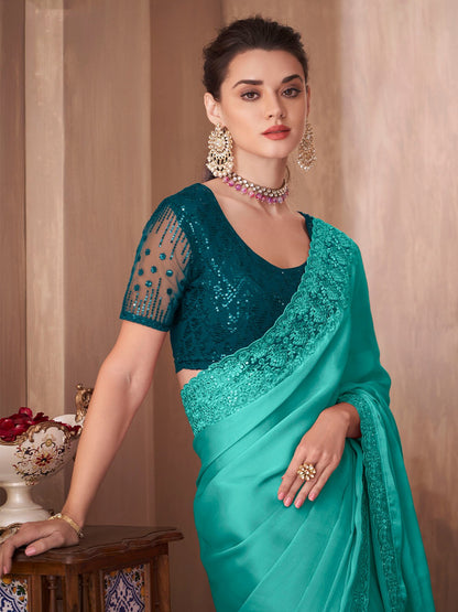 Turquoise Green Sequins Silk Saree