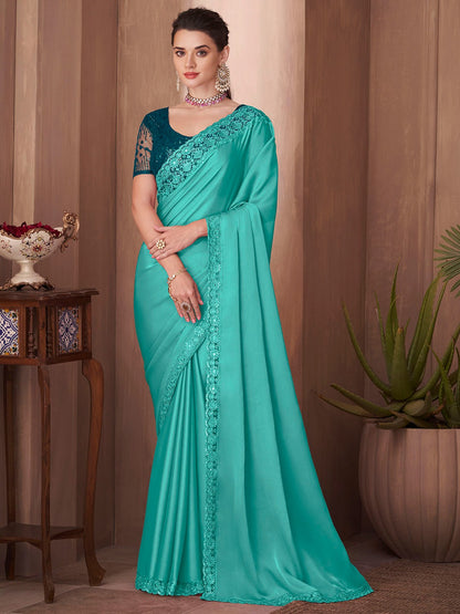 Turquoise Green Sequins Silk Saree