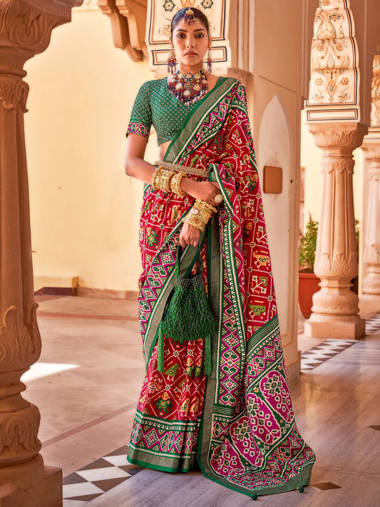 Apple Red Woven Ikat patola Saree