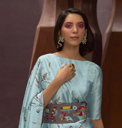 Arctic Blue Printed Satin Silk Saree