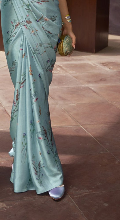 Arctic Blue Printed Satin Silk Saree