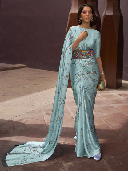 Arctic Blue Printed Satin Silk Saree