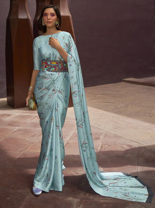 Arctic Blue Printed Satin Silk Saree
