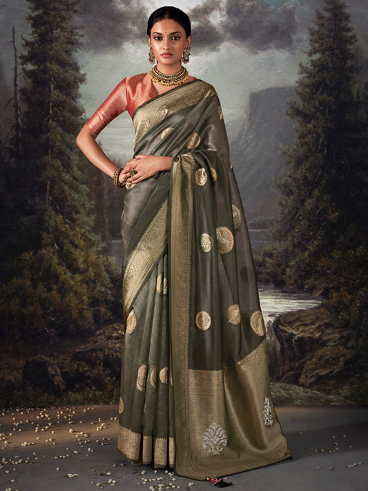 Army Green Woven Tissue Silk Saree