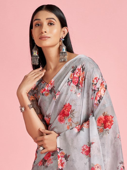 Ash Grey Floral Organza Saree