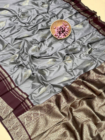 Ash Grey Banarasi Silk Saree