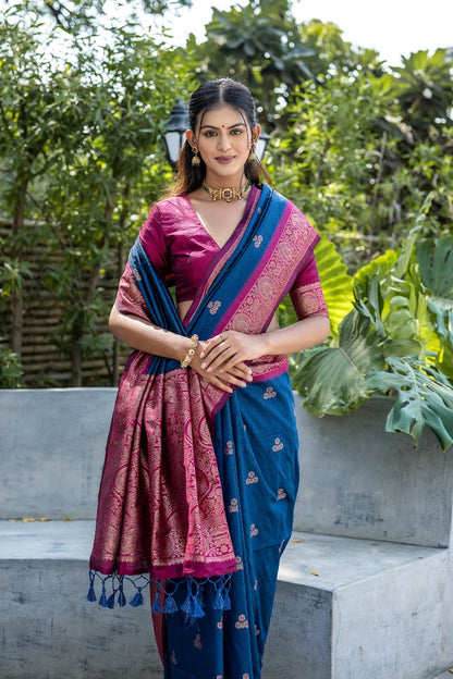 Azure Blue Soft Banarasi Raw Silk Saree