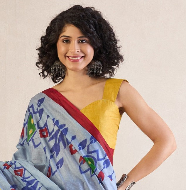 Baby Blue Printed Cotton Ikat Saree