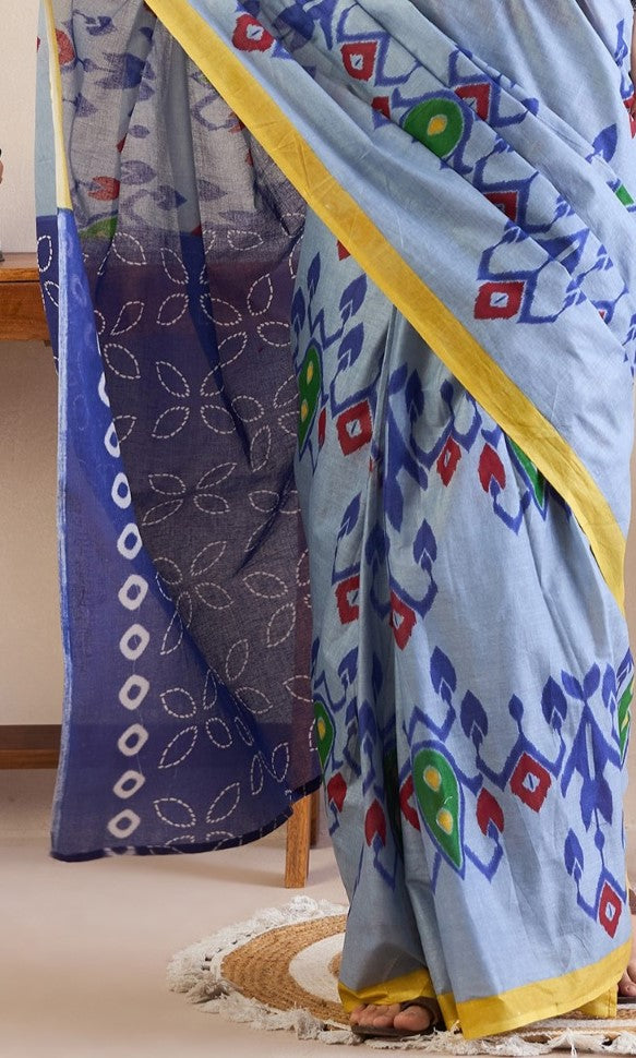 Baby Blue Printed Cotton Ikat Saree
