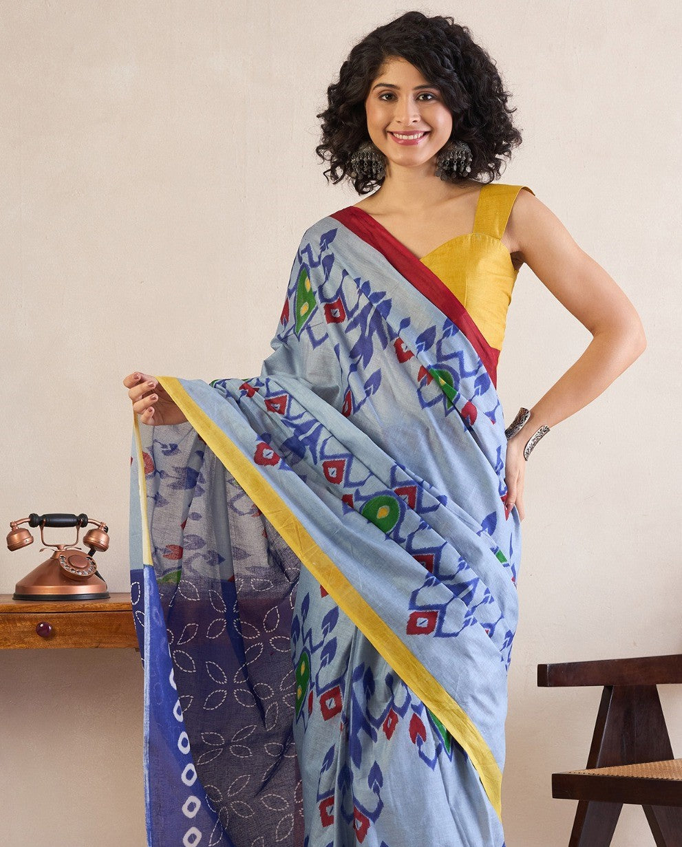 Baby Blue Printed Cotton Ikat Saree