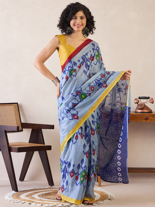 Baby Blue Printed Cotton Ikat Saree