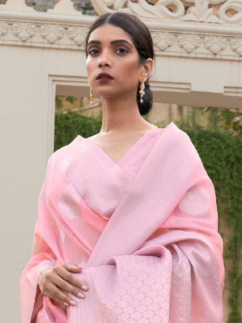 Baby Pink Woven Banarasi Pure Linen Saree