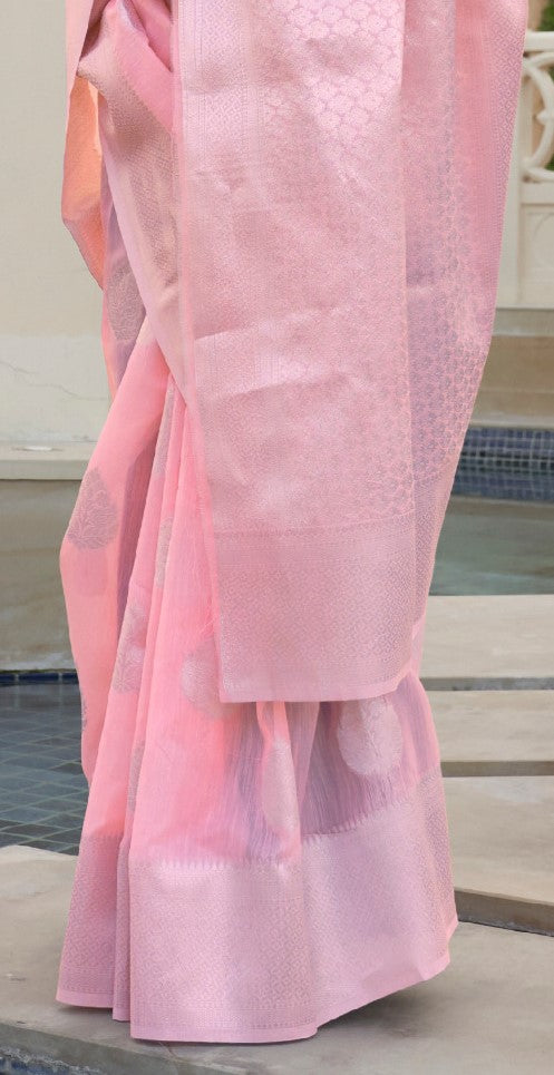 Baby Pink Woven Banarasi Pure Linen Saree