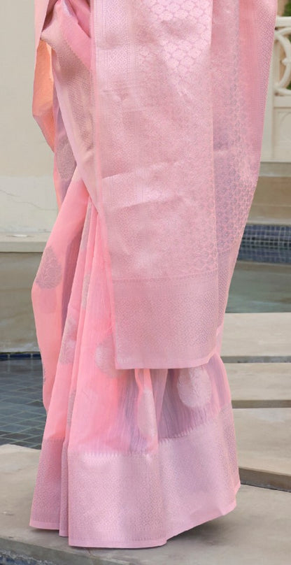 Baby Pink Woven Banarasi Pure Linen Saree