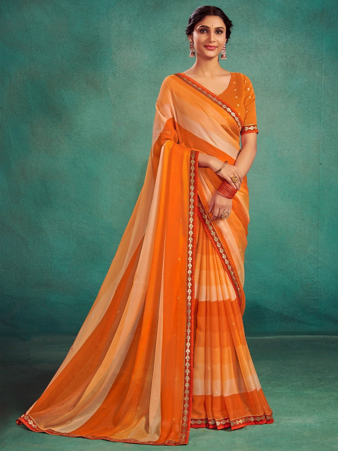 Beetle Orange Chiffon Saree