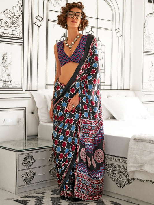 Black & Blue Printed Crepe Saree