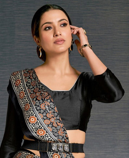 Black & Red Block Print Crepe Saree