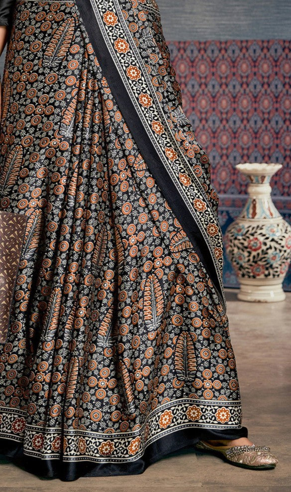 Black & Red Block Print Crepe Saree