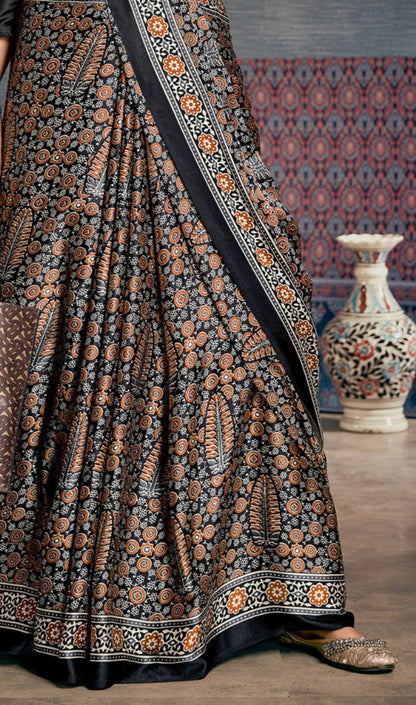 Black & Red Block Print Crepe Saree