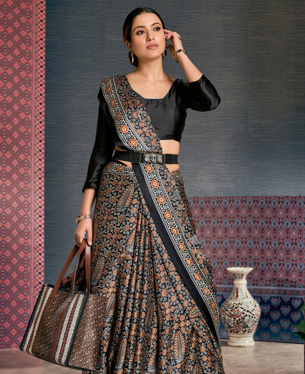 Black & Red Block Print Crepe Saree