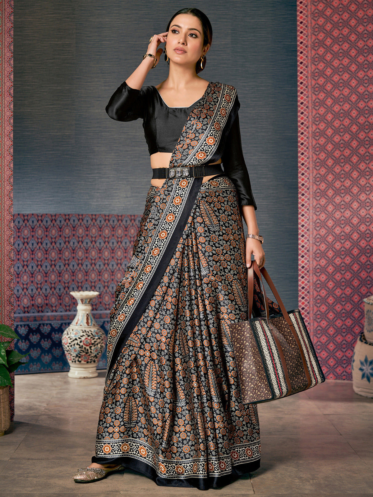 Black & Red Block Print Crepe Saree