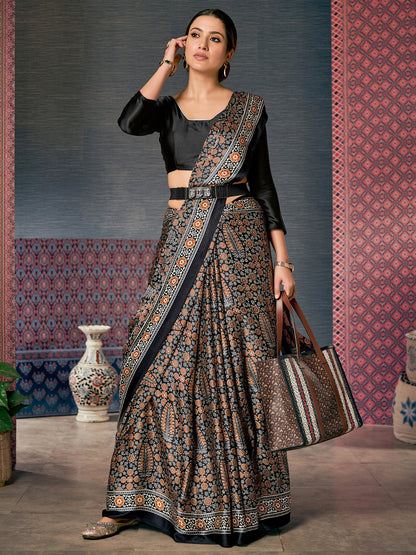 Black & Red Block Print Crepe Saree