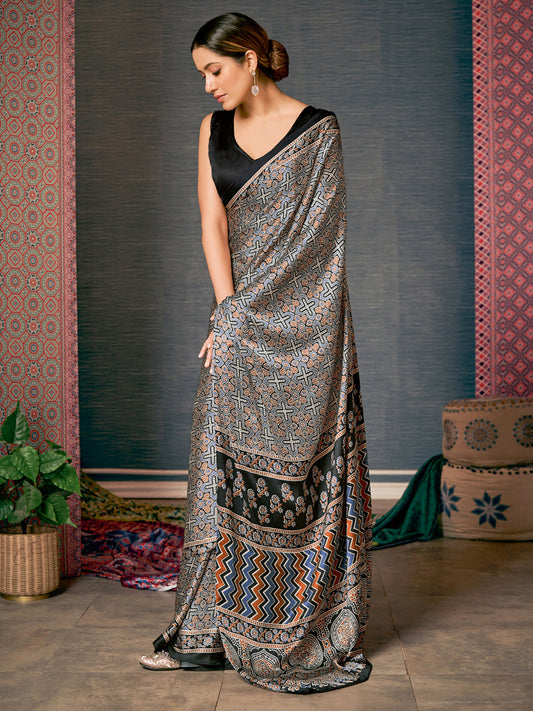 Black Ajrak Crepe Saree