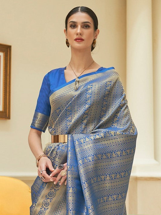 Blue Embroidered Kanjivaram Silk Saree