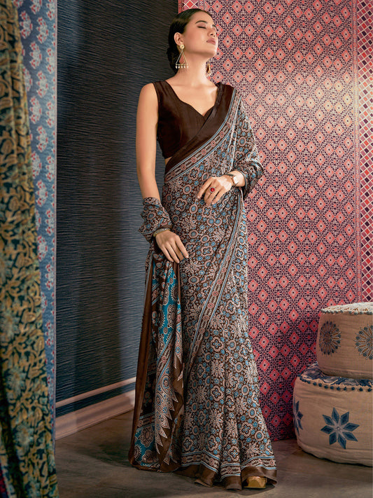 Blue & Brown Ajrak Crepe Saree