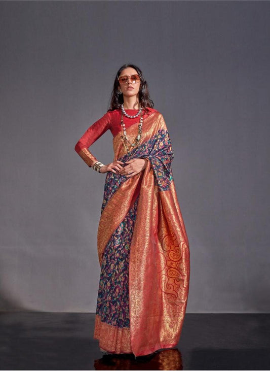 Blue & Red Kashmiri Handloom Silk Saree