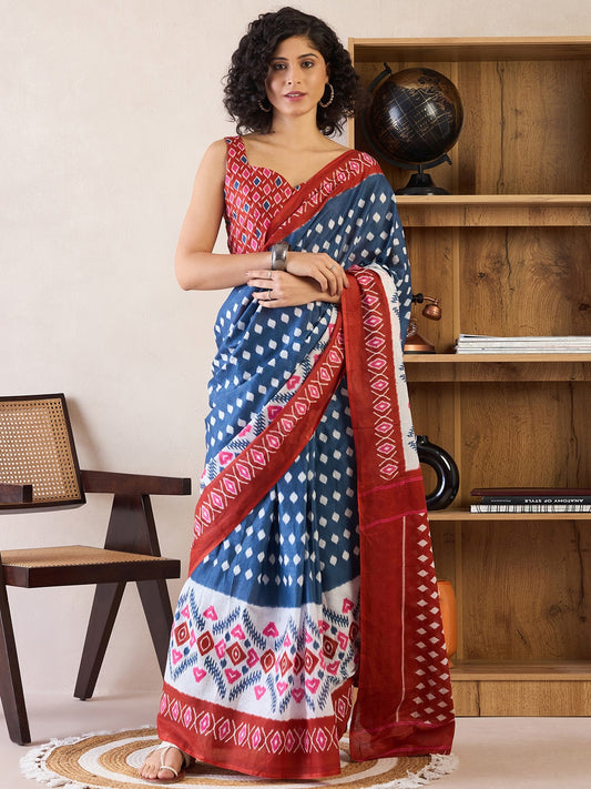 Blue & Red Printed Cotton Ikat Saree