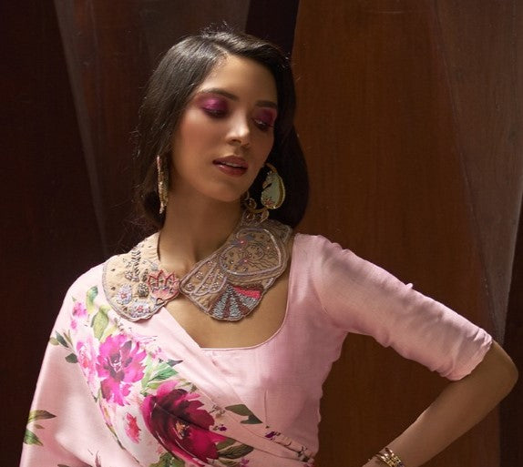 Blush Pink Printed Satin Silk Saree
