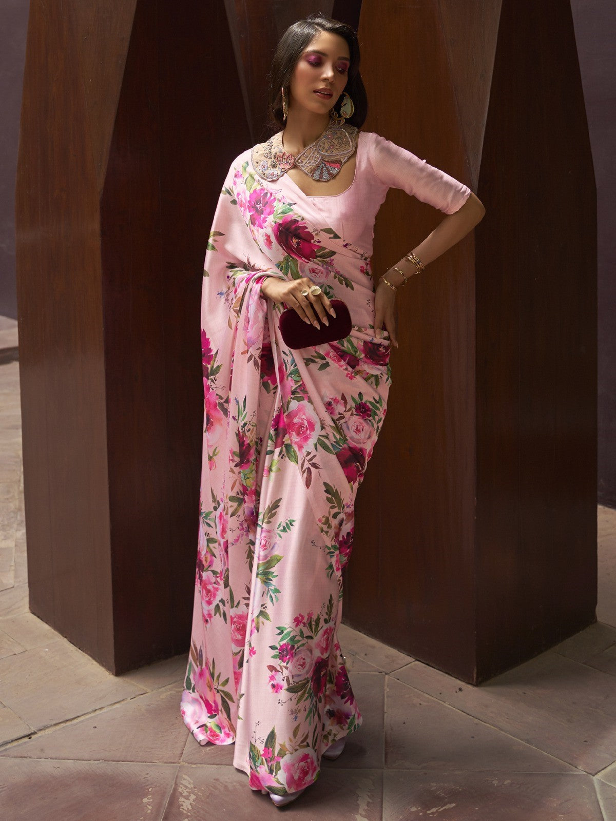 Blush Pink Printed Satin Silk Saree