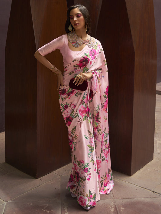 Blush Pink Printed Satin Silk Saree