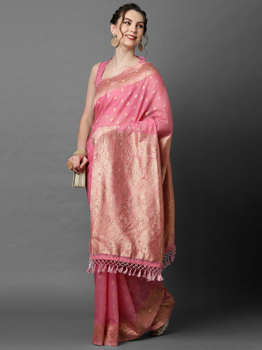 Brick Pink Woven Banarasi Saree