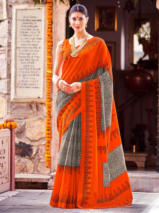 Bright Orange Printed Bagh Silk Saree
