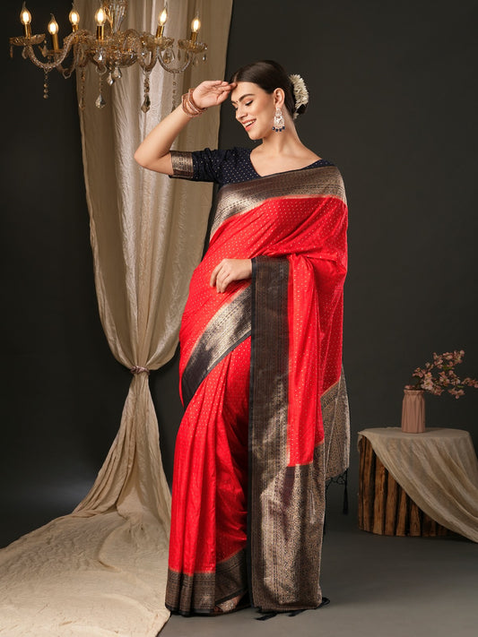 Bright Red Woven Banarasi Silk Saree