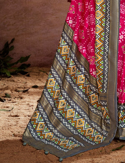 Bubblegum Pink Printed Tussar Silk Ikat Saree
