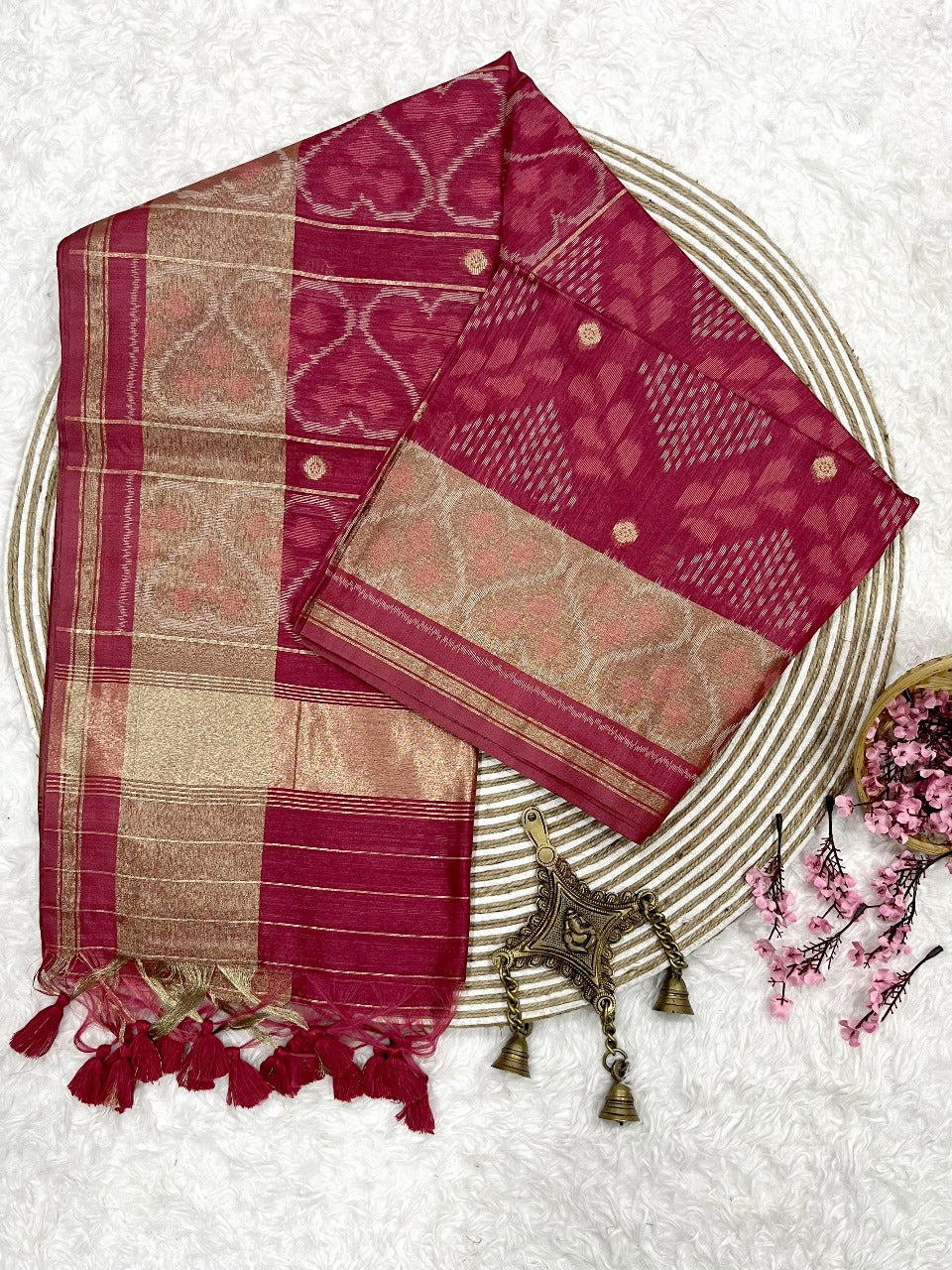Carmine Red Tussar Silk Saree
