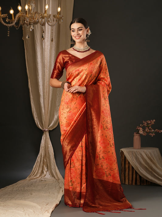 Carrot Orange Woven Banarasi Silk Saree