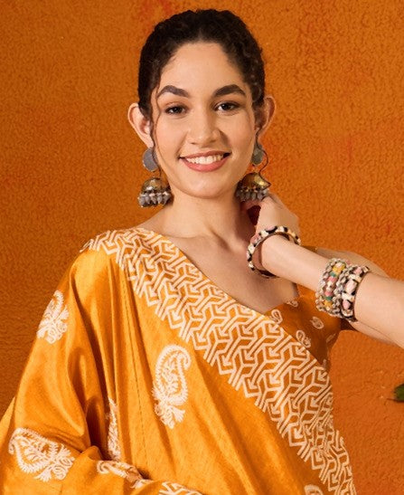 Carrot Orange Printed Bagru Cotton Saree