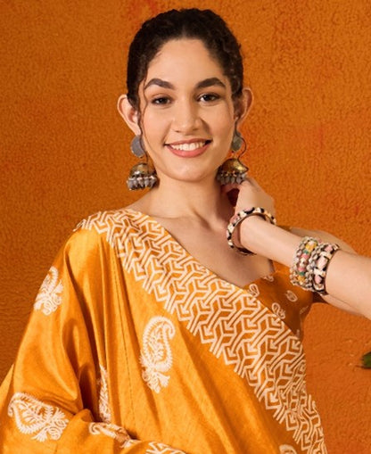 Carrot Orange Printed Bagru Cotton Saree
