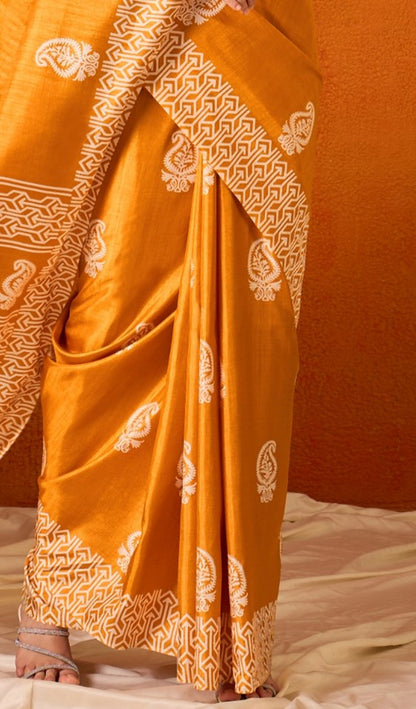 Carrot Orange Printed Bagru Cotton Saree