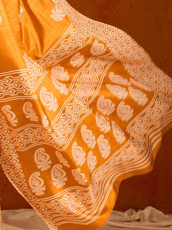 Carrot Orange Printed Bagru Cotton Saree