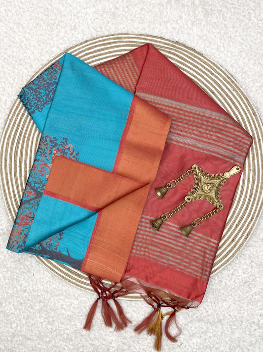 Cerulean Blue Tussar Silk Saree