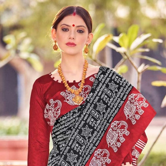 Charcoal Black Printed Bagh Silk Saree