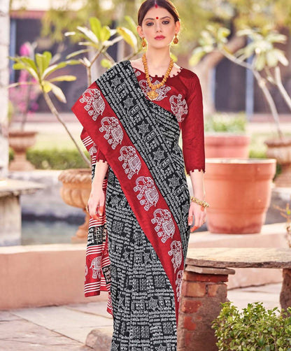 Charcoal Black Printed Bagh Silk Saree